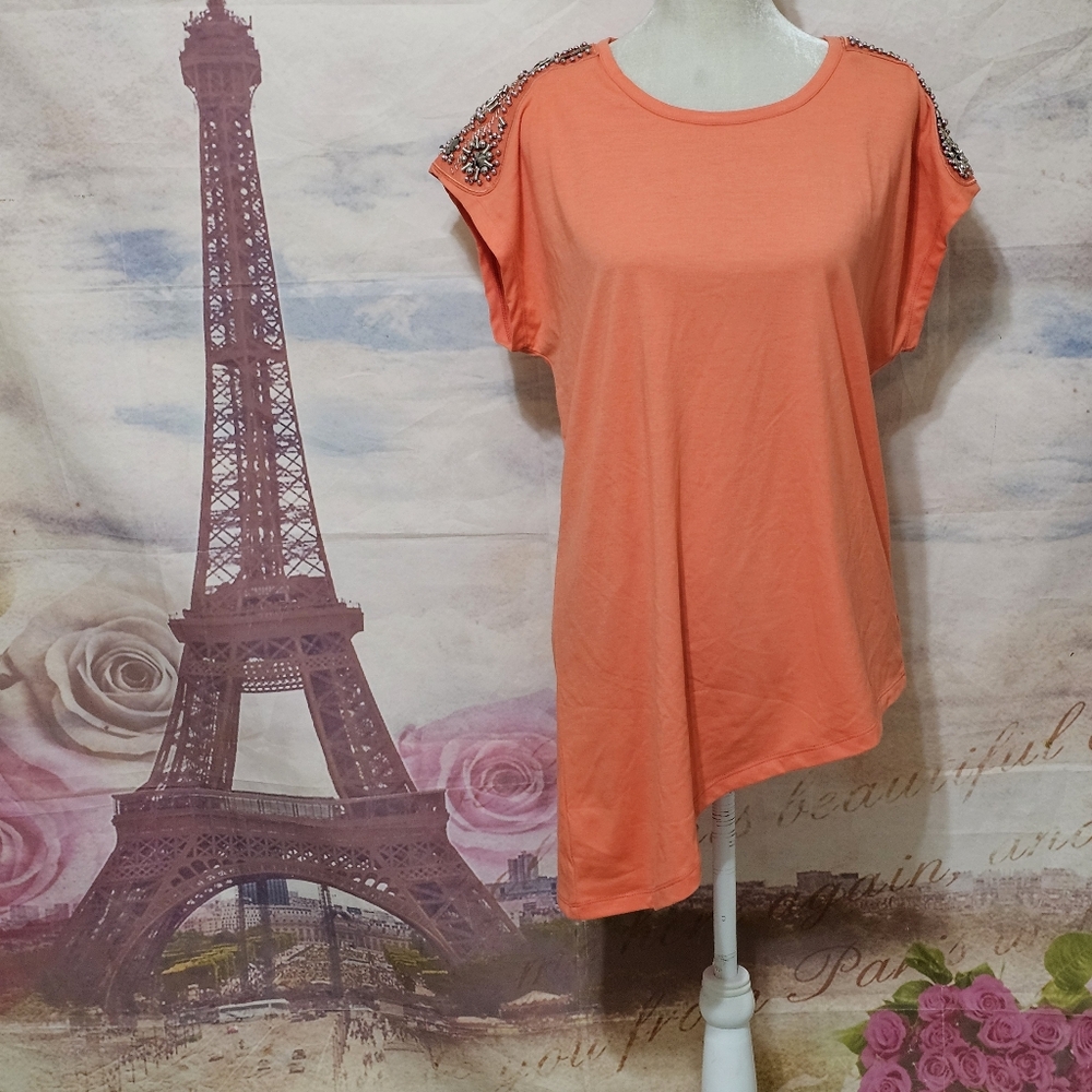 Ashley Stewart Orange Short Sleeve Top with Embellished Shoulders